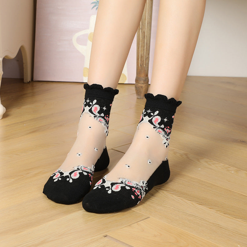 Women Socks Glitter Toe Sheer Thin Socks Girls Crystal Lace Socks