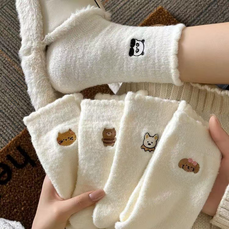 Cute Animal Embroidery Fuzzy Plush Socks