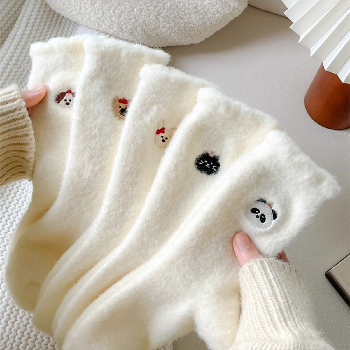 Cute Animal Embroidery Fuzzy Plush Socks