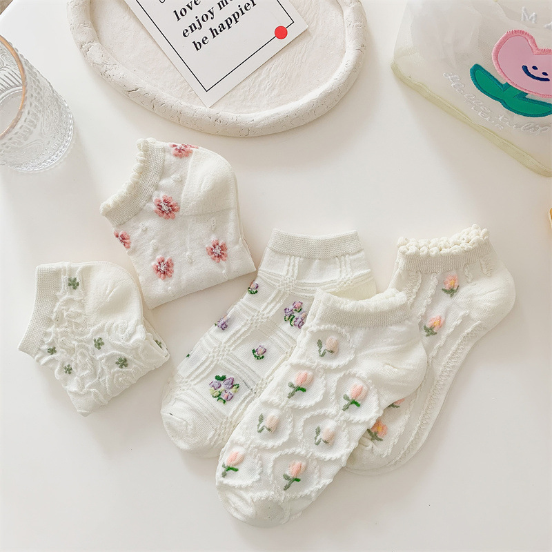 Aesthetic Floral Ankle Socks for Women - Breathable Cotton Mesh with 3D Flower Embroidery