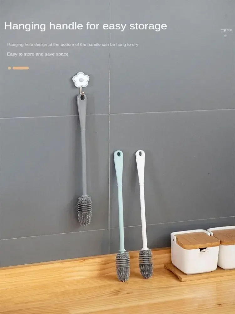 360° Rotating Silicone Bottle Brush - Long Handle Deep Cleaner - Gray