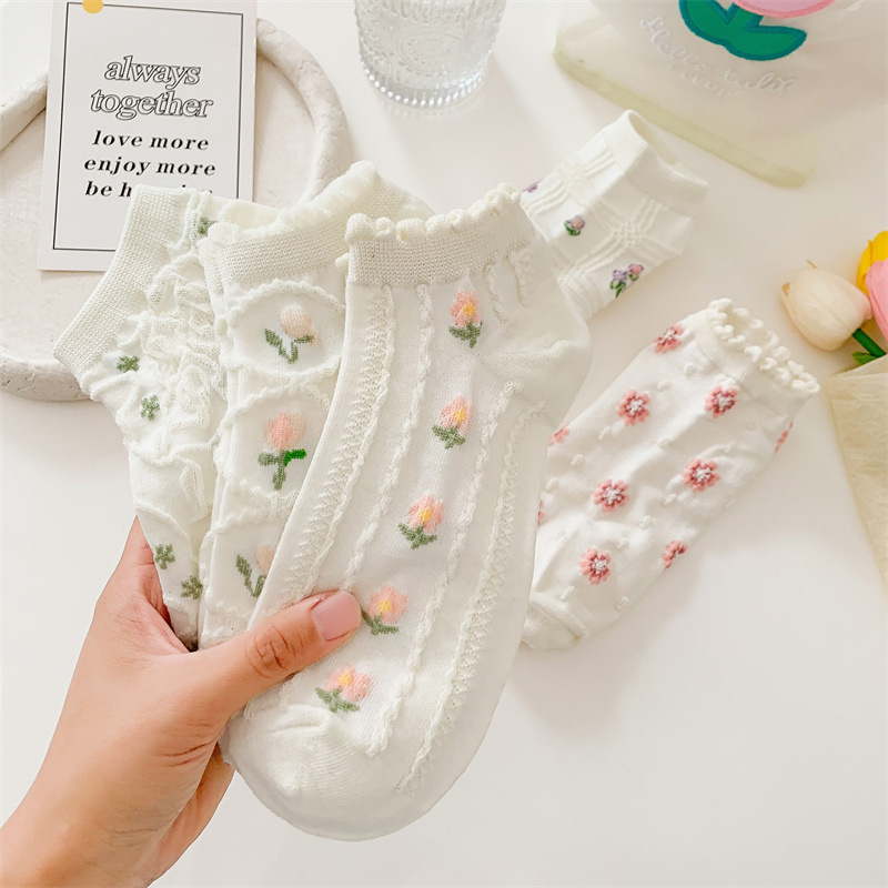 Aesthetic Floral Ankle Socks for Women - Breathable Cotton Mesh with 3D Flower Embroidery