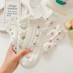 Aesthetic Floral Ankle Socks for Women - Breathable Cotton Mesh with 3D Flower Embroidery