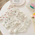 Aesthetic Floral Ankle Socks for Women - Breathable Cotton Mesh with 3D Flower Embroidery