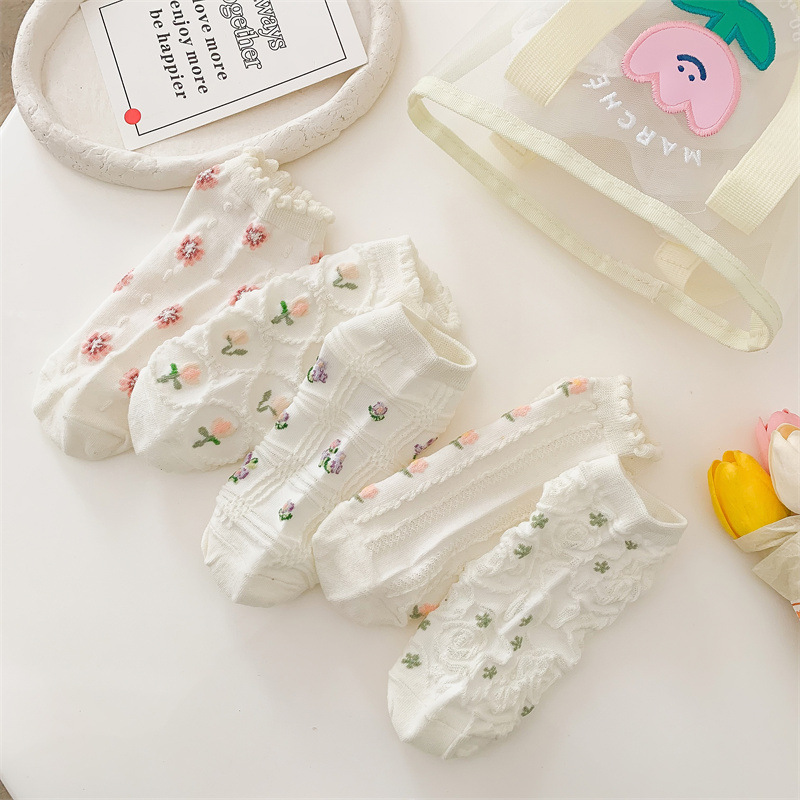 Aesthetic Floral Ankle Socks for Women - Breathable Cotton Mesh with 3D Flower Embroidery