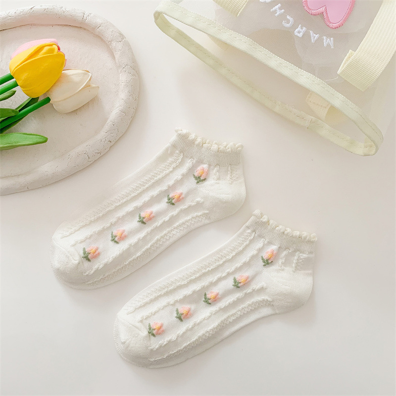 Aesthetic Floral Ankle Socks for Women - Breathable Cotton Mesh with 3D Flower Embroidery