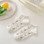 Aesthetic Floral Ankle Socks for Women - Breathable Cotton Mesh with 3D Flower Embroidery