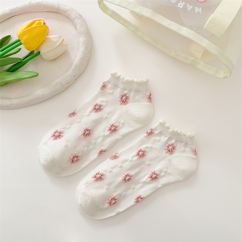 Aesthetic Floral Ankle Socks for Women - Breathable Cotton Mesh with 3D Flower Embroidery