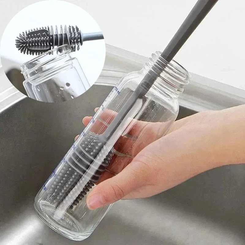 360° Rotating Silicone Bottle Brush - Long Handle Deep Cleaner - Gray
