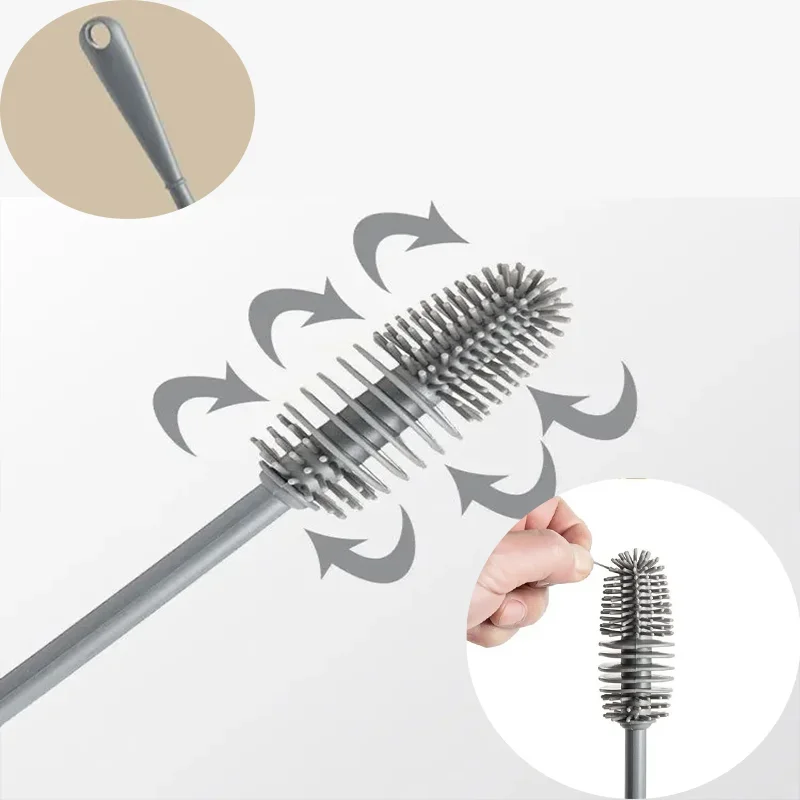 360° Rotating Silicone Bottle Brush - Long Handle Deep Cleaner - Gray